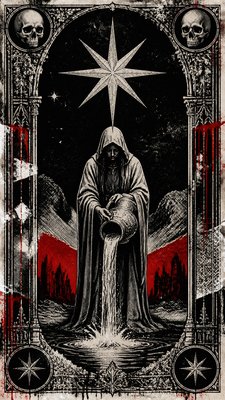 a robed figure pouring water beneath a large eight-pointed star in a night sky, symmetrical composition with an ornate decorative border, no text