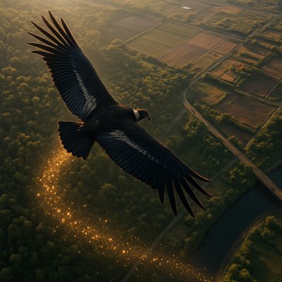 Hyper-realistic Andean condor flying in the sky over a forest, leaving a shimmering trail of glittering sparkles where it goes, extreme detail, photorealistic, cinematic lighting