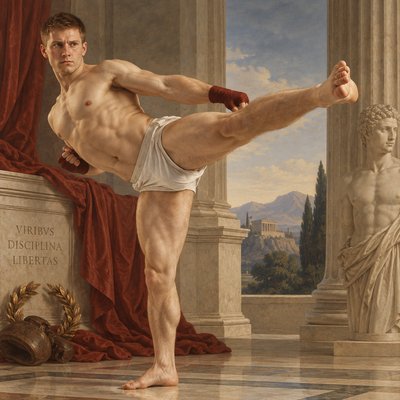 a painting of a man doing a kickbox pose