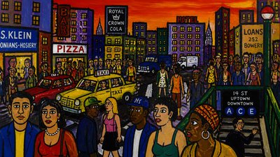 bustling city street panorama at dusk