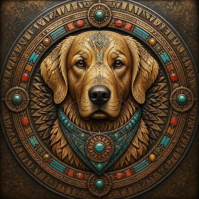 portrait of a golden retriever wearing a blue bandana, warm plain backdrop, no text