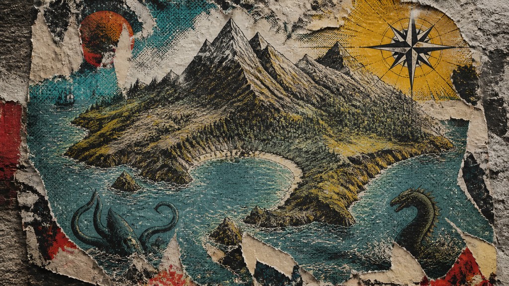 a map of an island realm with mountains, forests, a sheltered bay, sea monsters in the water and a compass rose, no text labels