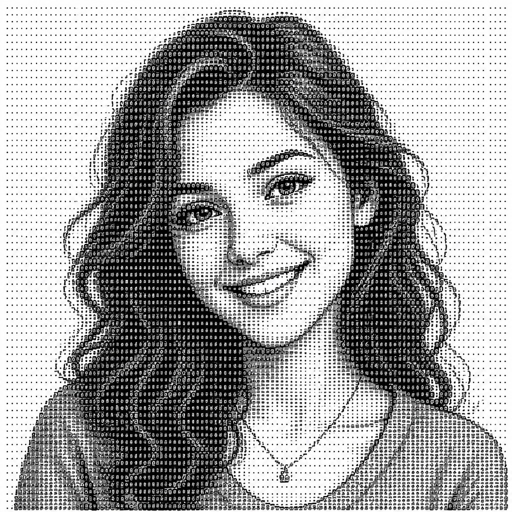 head-and-shoulders portrait of an original character: a young woman with wavy chestnut hair and a warm smile, plain soft backdrop
