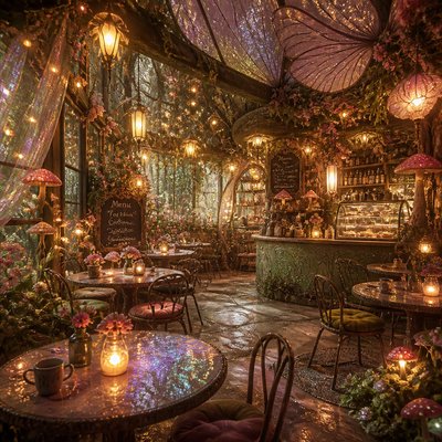 cozy cafe interior with warm lighting