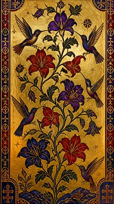 a climbing vine of flowers and hummingbirds on a dark background, tall wrapping composition, no text