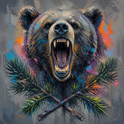 a roaring bear head above crossed pine branches, bold graphic composition on a plain background, no text