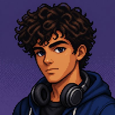 head-and-shoulders portrait of an original character: a young man with curly dark hair and headphones around his neck, plain backdrop, no text