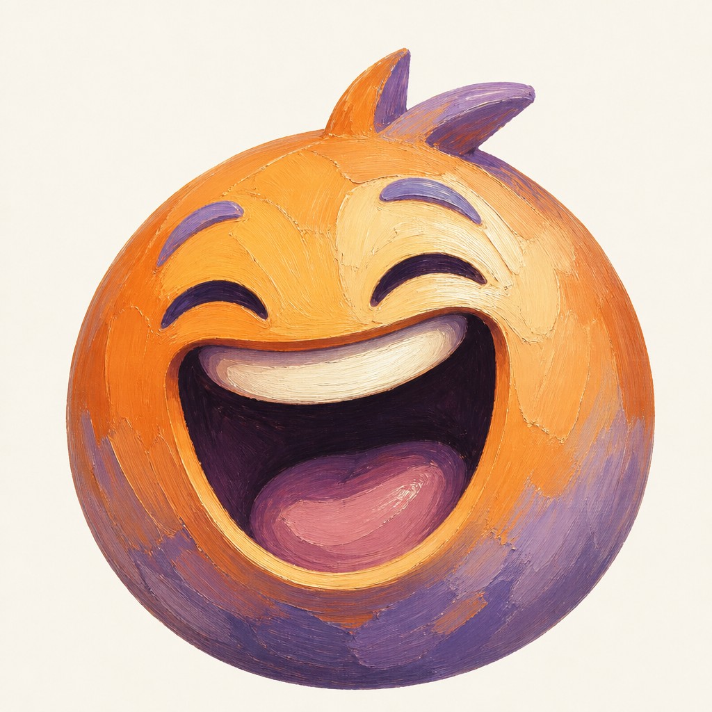 an exaggerated laughing face of an original round mascot character, bold and readable at small size, plain background, no text