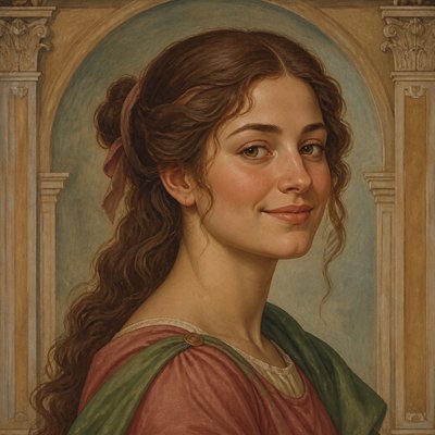 head-and-shoulders portrait of an original character: a young woman with wavy chestnut hair and a warm smile, plain soft backdrop
