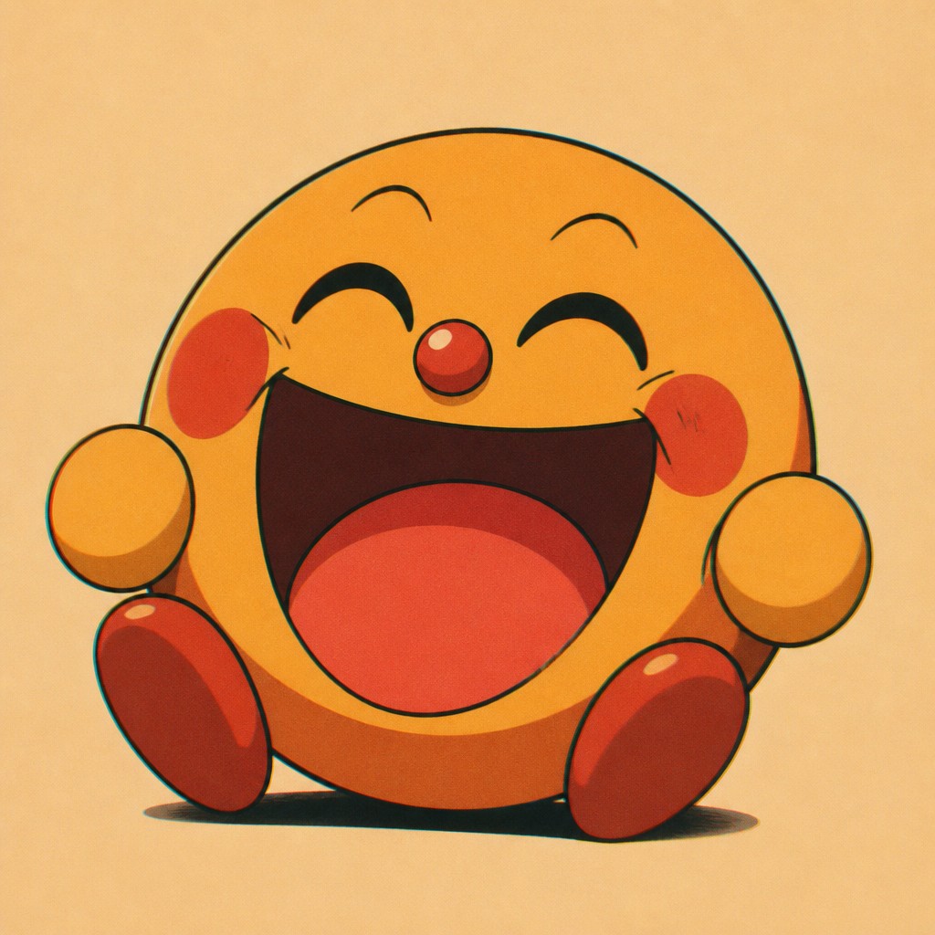 an exaggerated laughing face of an original round mascot character, bold and readable at small size, plain background, no text