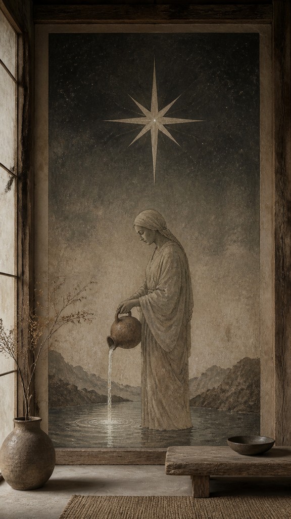 a robed figure pouring water beneath a large eight-pointed star in a night sky, symmetrical composition with an ornate decorative border, no text