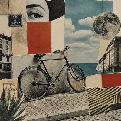 bicyle resting against a wall — Photomontage Art Style