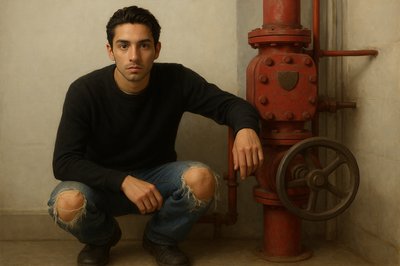 a man squatting next to a red fire hydrant