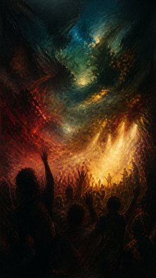 a live music scene with a glowing stage and silhouetted crowd, energetic vertical composition with open space at the top, no text