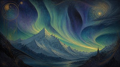 a flowing aurora over snowy peaks, wide sweeping composition, no people, no text
