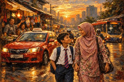 a painting of a mother and son walking in the rain