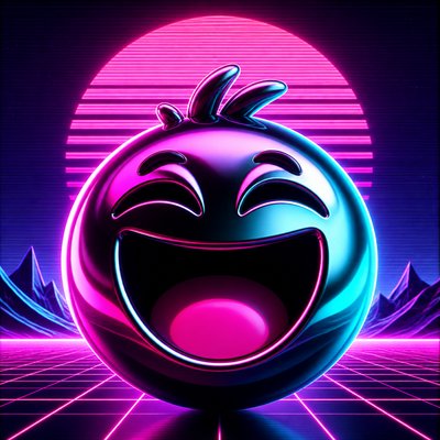 an exaggerated laughing face of an original round mascot character, bold and readable at small size, plain background, no text