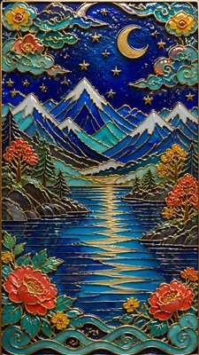 a tranquil mountain lake beneath a starry night sky, no people, no text