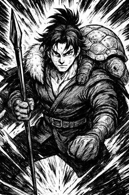 a black and white drawing of a man with a sword