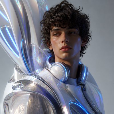 head-and-shoulders portrait of an original character: a young man with curly dark hair and headphones around his neck, plain backdrop, no text