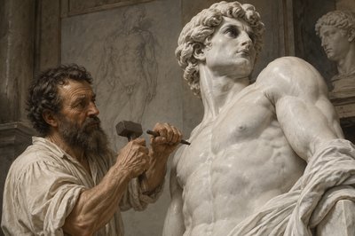 Michelangelo with an athlete posing as a statue