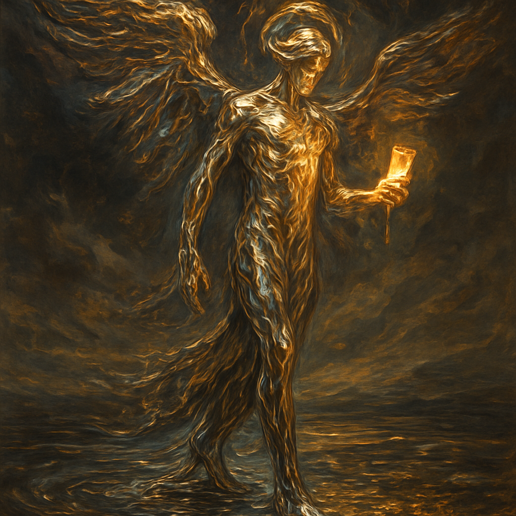 A majestic celestial being made of flowing quicksilver and molten gold, standing tall, liquid metal. The entity holds a small glowing scroll. The angel's form is fluid and constantly shifting. The right foot is submerged in the ocean, but the ocean is made of liquid chrome, and the leg creates ripples that blend perfectly with the water, indistinguishable from the sea. The left foot plants firmly on the earth, the liquid metal form solidifying into structure as it touches the ground, heavy droplets of silver splashing onto the soil. High contrast, ray tracing, volumetric lighting, fluid simulation