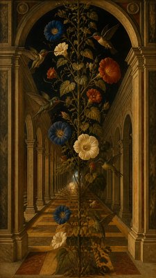 a climbing vine of flowers and hummingbirds on a dark background, tall wrapping composition, no text