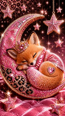 a sleeping baby fox curled on a crescent moon among soft stars, gentle and warm, no text