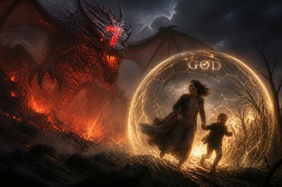 the red 7 head's dragon hunts a women with her little chid running to the wilderness and the women is protected by God Shield