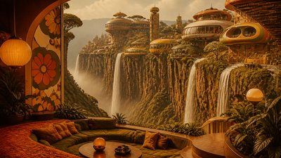 a cliffside city with waterfalls cascading into a misty canyon, wide establishing shot, no people, no text