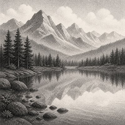 wide landscape with natural scenery — Stippling Dotwork Style