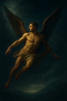 a painting of a man with wings on a dark background