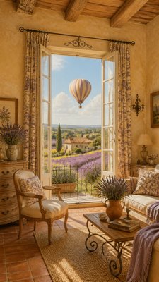a hot air balloon drifting over rolling flower fields on a sunny day, cheerful, no text
