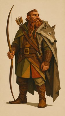 full-body original character: a dwarven ranger with a braided auburn beard, worn leather armor, a longbow and a wolf-pelt cloak, neutral background, no text
