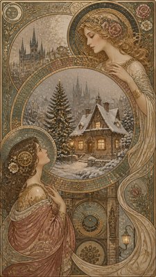 a snow-covered cottage with warm glowing windows beside a decorated pine tree, gentle snowfall, no text