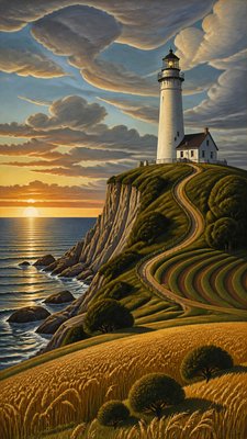 a lone lighthouse on a cliff at dusk under a dramatic sky, no text or lettering