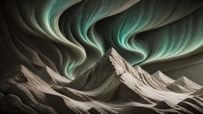 a flowing aurora over snowy peaks, wide sweeping composition, no people, no text