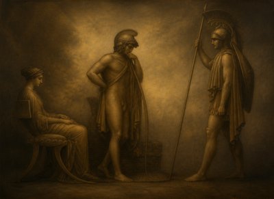 a painting of a man standing next to a woman