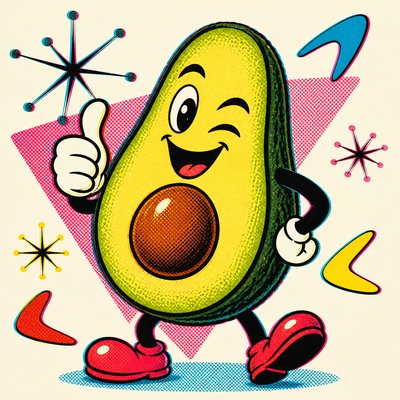 a happy avocado character giving a thumbs up, bold readable design on a plain background, no text