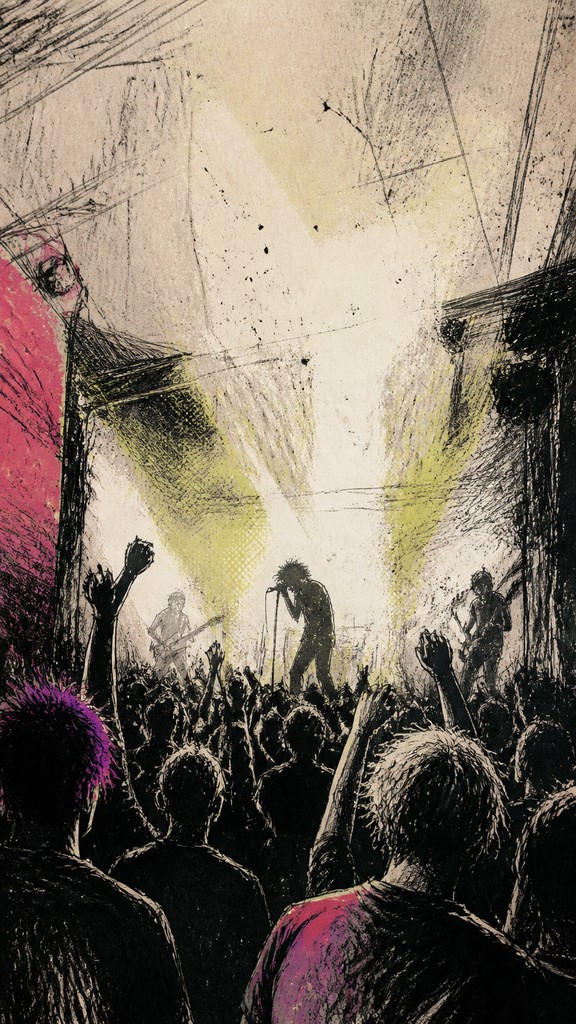 a live music scene with a glowing stage and silhouetted crowd, energetic vertical composition with open space at the top, no text