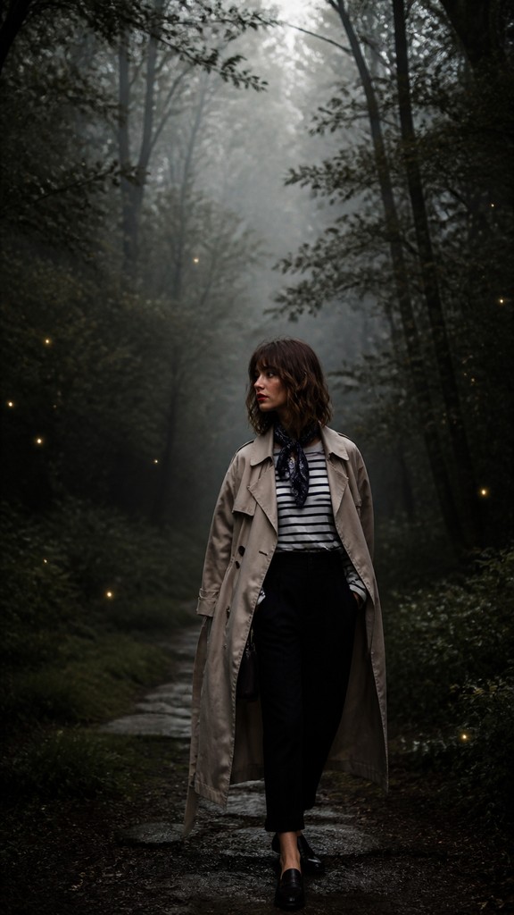a mysterious forest path with fireflies and drifting mist, atmospheric vertical composition with open space at the top, no text