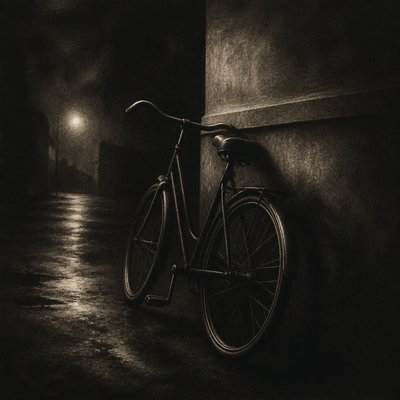 bicyle resting against a wall — Mezzotint Print Style