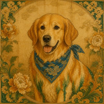 portrait of a golden retriever wearing a blue bandana, warm plain backdrop, no text