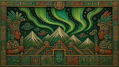 a flowing aurora over snowy peaks, wide sweeping composition, no people, no text