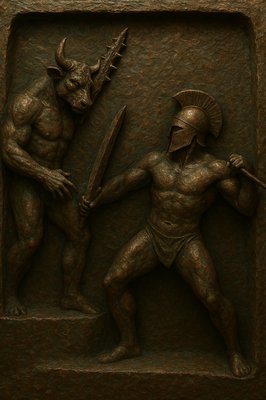a statue of a man and a demon holding a sword