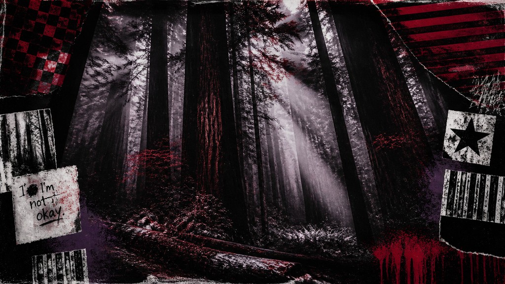 a panoramic redwood forest with light rays through mist, no people