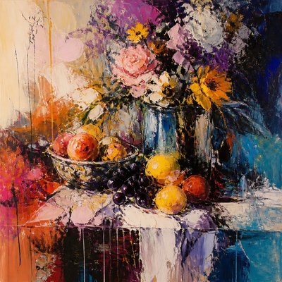 still life arrangement of fruits and flowers