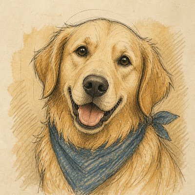 portrait of a golden retriever wearing a blue bandana, warm plain backdrop, no text
