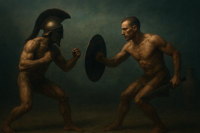 a painting of two men fighting with each other