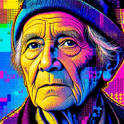 close-up portrait of an elderly person with expressive weathered features